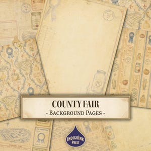 Peut inclure: Une collection de feuilles de papier numérique sur le thème d'une foire agricole vintage, aux tons beige, crème et bleu sourd. Les motifs incluent des bocaux, des rubans de récompense, des produits agricoles et le texte COUNTY FAIR - BACKGROUND PAGES.