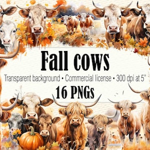 Fall Cow Png, Highland Cow Png, Cute Cow Clipart, Watercolor Cow Png, Baby Cow Clipart, Cow Face Png, Cow Clip Art Sublimation