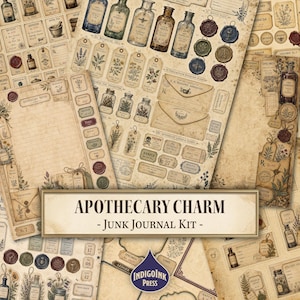 Apothekerscharme Junk Journal Kit, Dark Academia, Victoriaanse apothekersetiketten, lakzegel, botanische ephemera, printbare digitale download