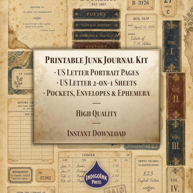 Antiquarisches Buchhandlungs-Junk-Journal-Set, Dark Academia, Bücherliebhaber, Bibliotheks-Ephemera, Vintage-Etiketten, Taschenkarten, druckbare digitale Bild 6