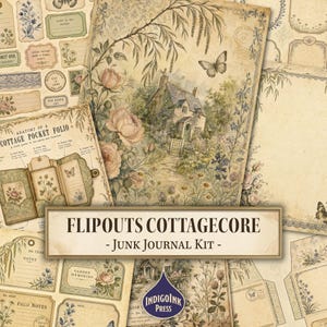 Op de afbeelding: Een junk journal kit met vellen papier voorzien van vintage illustraties van een huisje, rozen, vlinders en botanische elementen. De set bevat labels, kaartjes en een diagram met de tekst Anatomy of a Cottage Pocket Folio.