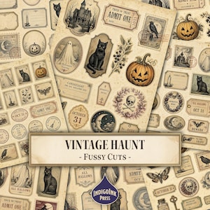 Puede incluir: Una colección de efímeros de papel con temática de Halloween de estilo vintage, con ilustraciones de gatos negros, calabazas, fantasmas, calaveras, lunas y casas encantadas. La hoja incluye etiquetas y sellos con el texto VINTAGE HAUNT.
