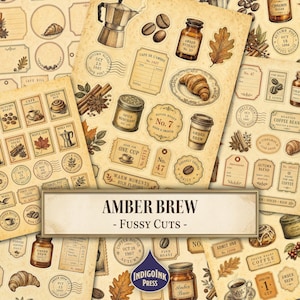 May include: A collection of vintage-style paper ephemera featuring coffee-themed illustrations, including moka pots, croissants, coffee beans, spice jars, and labels with text like Amber Brew, Cafe de L'Ambre, and Autumn Post on a beige background.