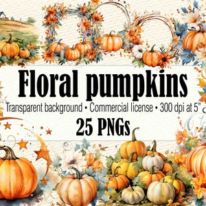 Watercolor Pumpkin And Floral Clipart, Pumpkin Border, Teal Fall Border Clipart, Pumpkin Graphics, Boho Fall Clipart, Fall Leaves Wreath