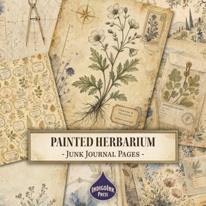 Puede incluir: Una colección de hojas de papel de estilo vintage con ilustraciones botánicas de flores y hojas, etiquetas de herbario, diseños de brújulas y sellos postales en tonos sepia y apagados con el texto PAINTED HERBARIUM - JUNK JOURNAL PAGES.