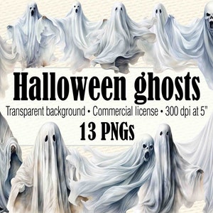 K&ouml;nnte beinhalten: Dreizehn digitale Illustrationen von wei&szlig;en Geistern mit transparentem Hintergrund. Die Geister sind in verschiedenen Posen, einige mit ausgestreckten Armen und einige mit geneigtem Kopf. Der Text "Halloween ghosts" ist in fetten schwarzen Buchstaben am unteren Rand des Bildes geschrieben.