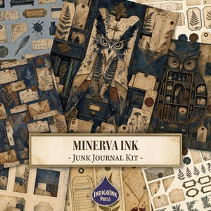 May include: A junk journal kit titled Minerva Ink featuring a collection of paper ephemera with dark blue and beige tones. The designs include owl illustrations, vintage library shelves, fern leaves, wax seals, envelopes, and aged document textures.