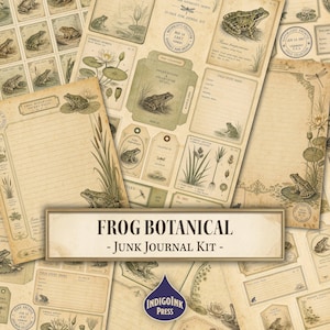 Könnte beinhalten: Eine Sammlung von Papier-Ephemera im Vintage-Stil mit Frosch- und Pflanzenillustrationen, darunter liniertes Briefpapier, Etiketten und Feldstudien-Indexkarten mit dem Text FROG BOTANICAL - Junk Journal Kit - und INDIGOINK PRESS.