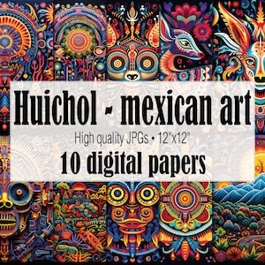 Arte Huichol Digital Paper, Mexican Folk Art Trippy Wall Art, Huichol Skull Junk Journal Digital Patterns, Psychedelic Paper Ephemera