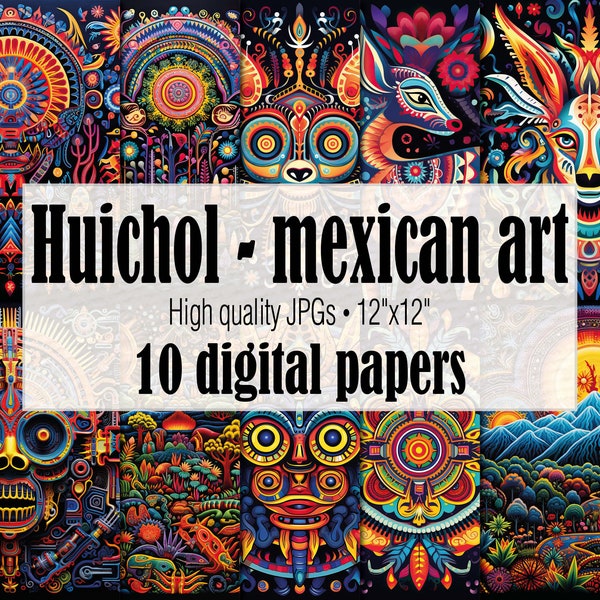 Arte Huichol Papel Digital, Arte Popular Mexicano Trippy Wall Art, Huichol Skull Junk Journal Patrones Digitales, Efímera de Papel Psicodélico
