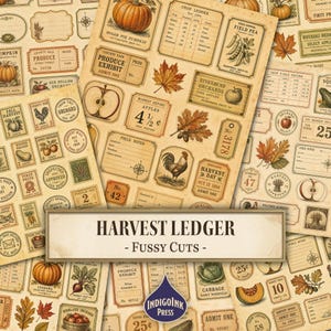 Op de afbeelding: Een verzameling vintage-stijl papier-ephemera met illustraties in oogstthema, waaronder pompoenen, appels, herfstbladeren, hanen en oogsttabellen met teksten zoals Harvest Ledger, Produce Exhibit en Field Notes.