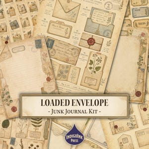 May include: A junk journal kit featuring vintage-style paper sheets with botanical illustrations, envelopes, wax seals, and postal stamps. The collection includes lined stationery, labels, and pockets with text like LOADED ENVELOPE - Junk Journal Kit.
