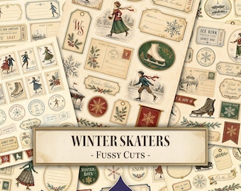 Winter Skaters Fussy Cuts, Cozy Winter, Winter Scene, Watercolor Winter, Winter People, Ice Skating, Printable Ephemera, Digital Download
