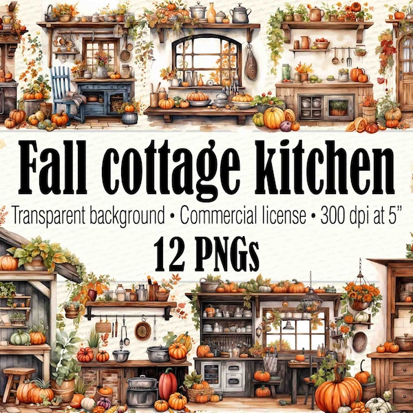 Fall Cottage Kitchen Clipart, Farmhouse Vintage Kitchen PNG, Thanksgiving Rustic Kitchen Furniture Clipart, Cozy Autumn Boho Kitchen