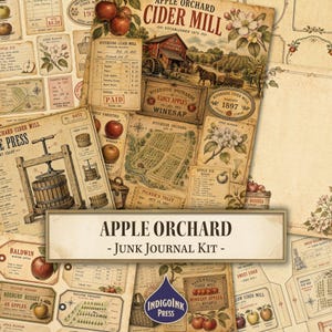 Könnte beinhalten: Ein digitales Junk-Journal-Set mit Papierdesigns im Vintage-Stil rund um das Thema Apfelplantage. Die Sammlung enthält Illustrationen von Apfelweinkellereien, Apfelsorten, Erntequittungen, Plantagenkarten und Apfelblütenzeichnungen.