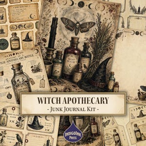 Può includere: Una collezione di carta in stile vintage con illustrazioni di flaconi da speziale, una falena, un cappello da strega e candele. Il testo recita Witch Apothecary Junk Journal Kit e IndigoInk Press. I disegni presentano un aspetto color seppia.