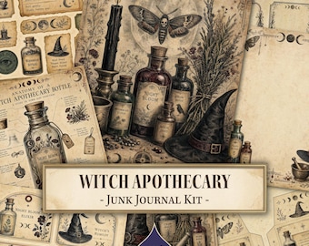 May include: A collection of vintage-style paper ephemera featuring illustrations of apothecary bottles, a moth, a witch hat, and candles. The text reads Witch Apothecary Junk Journal Kit and IndigoInk Press. The designs have a sepia-toned, aged aesthetic.