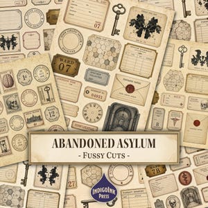 Peut inclure: Une collection de papier éphémère de style vintage présentant des illustrations imprimées de clés, crânes, tests de Rorschach, formulaires médicaux et croquis architecturaux étiquetés Abandoned Asylum - Fussy Cuts, avec un logo bleu IndigoInk Press.