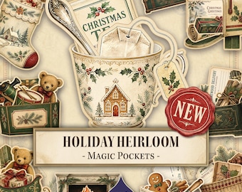 May include: A collection of vintage-style Christmas paper ephemera featuring a teacup with a tea bag, a stocking, teddy bears, a fireplace, and a gift box. The central text reads HOLIDAY HEIRLOOM - MAGIC POCKETS - with a red NEW wax seal stamp.