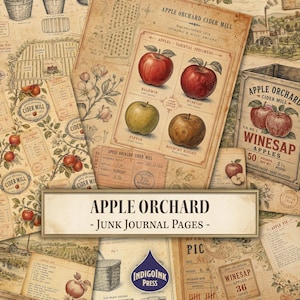 Könnte beinhalten: Eine Sammlung von Junk-Journal-Seiten im Vintage-Stil mit Apfelplantagen-Motiven. Die Designs zeigen botanische Illustrationen von roten, grünen und braunen Äpfeln, Plantagenkarten, Etiketten für Apfelweinkellereien, Rezepte und gealtertes Papier.
