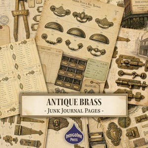 Può includere: Una collezione di pagine digitali per junk journal con illustrazioni di ferramenta in ottone antico, inclusi pomelli per cassetti, cerniere, chiavistelli e placche per serrature su carta invecchiata con il testo ANTIQUE BRASS - JUNK JOURNAL PAGES.