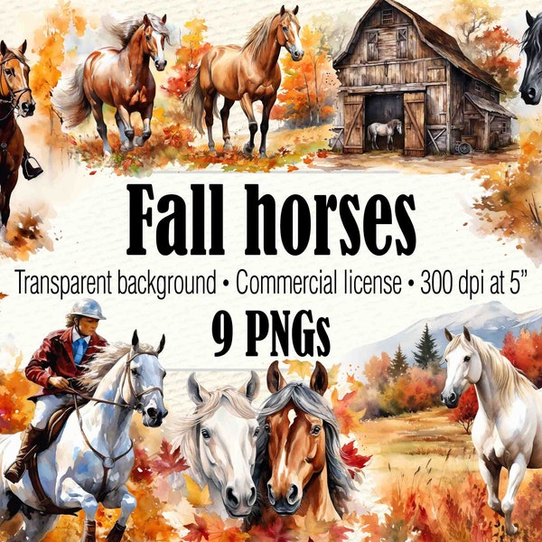 Fall Horse Clipart, Autumn Horse PNG, Horse Lover Thanksgiving Clipart, Running Horse Watercolor Horse Riding, Horse Head Sublimation