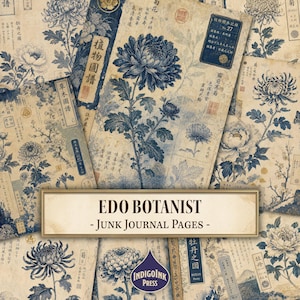May include: A collection of vintage-style paper sheets featuring dark blue botanical illustrations of chrysanthemums and peonies on aged, cream-colored backgrounds with Japanese calligraphy, stamps, and text labels including Edo Botanist.