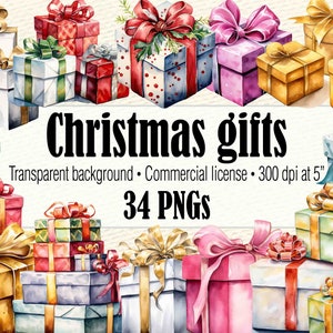 Watercolor Christmas Gifts Clipart, Christmas Presents PNG, Christmas Watercolor Clipart Gold, Christmas Ephemera, Christmas Graphics