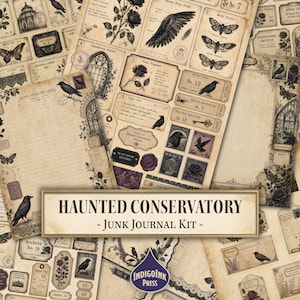 Könnte beinhalten: Eine Sammlung von Papier-Ephemera im Vintage-Stil mit dem Titel Haunted Conservatory Junk Journal Kit, die schwarze Tuscheillustrationen von Raben, Motten, Rosen und gotischen Architekturelementen auf gealtertem, cremefarbenem Pergament zeigt.