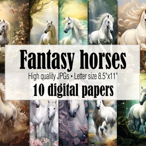 Fantasy Horse Digital Paper, dziennik jeździecki, pamiętnik konia, wydrukowana sztuka, strony dziennika ze zdjęciami koni, karta portretowa ze scrapbooka z koniem