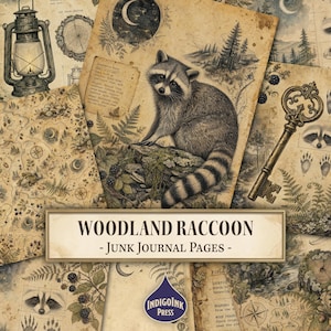Puede incluir: Una colección de páginas de diario basura de estilo vintage con un mapache, una linterna, una llave, helechos, moras y mapas sobre papel envejecido. El texto dice WOODLAND RACCOON - JUNK JOURNAL PAGES - e incluye el logotipo de IndigoInk Press.