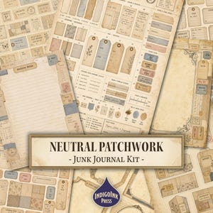 Può includere: Una collezione di effimeri di carta in stile vintage con etichette, biglietti e fogli per appunti a righe in tonalità beige e seppia. Il kit include vari disegni stampati con il testo NEUTRAL PATCHWORK - Junk Journal Kit - e INDIGOINK PRESS.