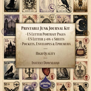 Midnight Frights Junk Journal Kit, Halloween Ephemera, Witch Journal, Botanical Labels, Gothic Scarecrow Graveyard, Printable Digital image 5