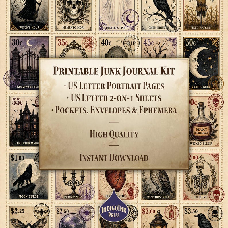 Midnight Frights Junk Journal Kit, Halloween Ephemera, Witch Journal, Botanical Labels, Gothic Scarecrow Graveyard, Printable Digital image 5