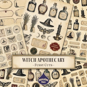 Puede incluir: Una colección de efímeros de papel con ilustraciones de estilo vintage de botellas de boticario, hierbas, polillas, velas y sombreros de bruja. Las hojas incluyen varias etiquetas y rótulos con textos como Witch Apothecary y Love Charm.