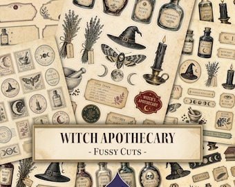 Könnte beinhalten: Eine Sammlung von Papier-Ephemera mit Illustrationen im Vintage-Stil von Apothekerflaschen, Kräutern, Motten, Kerzen und Hexenhüten. Die Bögen enthalten verschiedene Etiketten und Anhänger mit Texten wie Witch Apothecary und Love Charm.