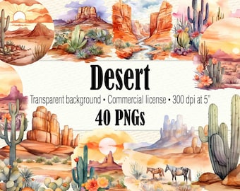 Watercolor Desert Clipart, Desert Landscape Cactus Clipart, Desert Scene Texas PNG, Wild West Western Clipart, Arizona PNG, Southwest PNG