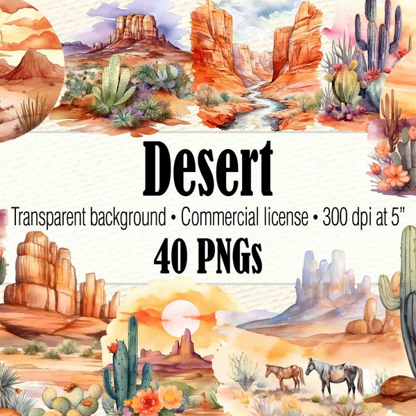 Watercolor Desert Clipart, Desert Landscape Cactus Clipart, Desert Scene Texas PNG, Wild West Western Clipart, Arizona PNG, Southwest PNG