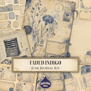 Kit de journal créatif « Indigo délavé », style Dark Academia, éphémères botaniques, sceau de cire, papier à lettres bleu, téléchargement numérique imprimable