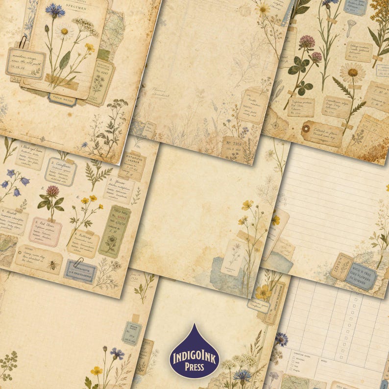 Pressed Wildflower Junk Journal Kit, Field Notes, Wildflower Ephemera, Vintage Botanical, Letter Writing Set, Printable Digital Download image 2