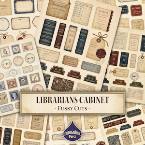 May include: A collection of vintage-style paper ephemera featuring library-themed designs, including book spines, overdue slips, card pockets, postage stamps, and archival tags with text like "Public Library," "Date Due," and "Reference Only."