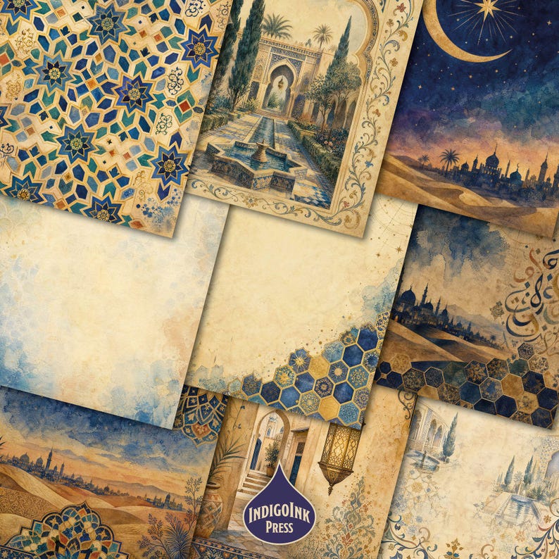 Arabian Nights Junk Journal Pages, Watercolor Islamic Patterns, Mystic Digital Papers, Line Art, Junk Journal Printable, Digital Download image 2