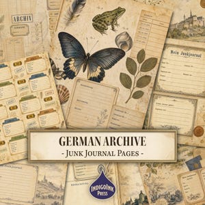May include: A collection of vintage-style junk journal pages featuring sepia-toned paper with illustrations of a butterfly, a frog, a seashell, a feather, and a castle. The pages include German text such as Archiv, Sammlung, and Beobachtung.