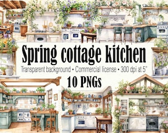 Spring Cottage Kitchen Clipart, Floral Farmhouse Vintage Kitchen PNG, Cottagecore Furniture Baking Clipart, Boho Kitchen House Clipart