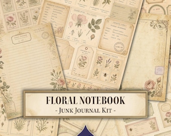 Floral Notebook Junk Journal Kit, Botanical Ephemera, Aged Paper, Decorative Paper, Notebook Cover, Envelope Template, Printable Digital