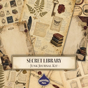 May include: A junk journal kit titled Secret Library featuring vintage-style paper sheets with illustrations of ferns, antique keys, wax seals, stacks of books, butterflies, and handwritten text on aged, parchment-colored backgrounds with lined sections.