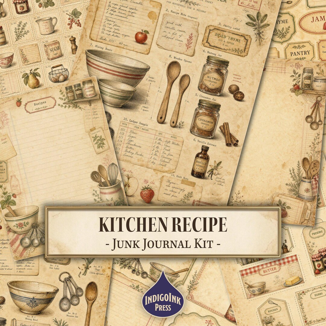 Kitchen Recipe Junk Journal Kit, Printable Recipe Cards, Vintage ...