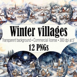 Clipart de inverno, clipart de vila de inverno em aquarela, vila de Natal do país das maravilhas do inverno, clipart de cena de inverno para uso comercial