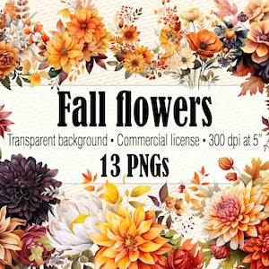 Fall Flower Clipart, Boho Floral Clipart, Watercolor Flowers PNG, Flower Bouquet Fall Wedding Floral Arrangements, Wildflower Clipart