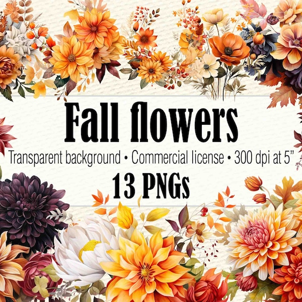 Fall Flower Clipart, Boho Floral Clipart, Watercolor Flowers PNG, Flower Bouquet Fall Wedding Floral Arrangements, Wildflower Clipart